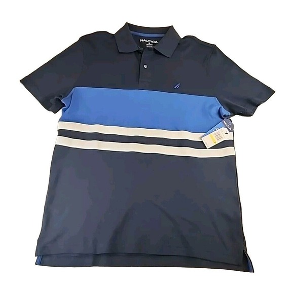 NWT NAUTICA Men's Navy Blue & White Short Sleeves Polo Shirt Size M 100% Cotton - Picture 1 of 5